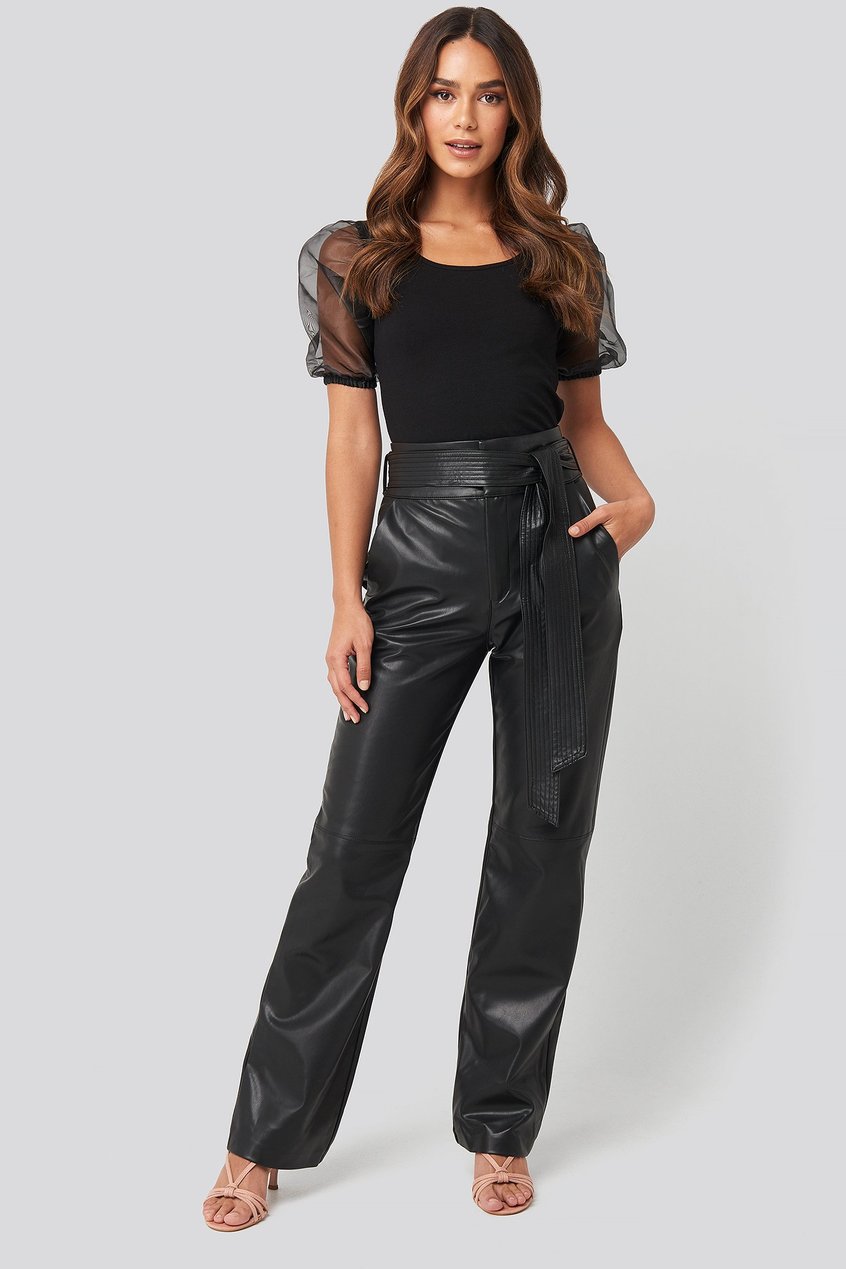 Pantalones Colección fiesta | Faux Leather Belted Straight Leg Pants - FE18601