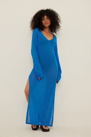 Blue Fine Knitted Collar Maxi Dress