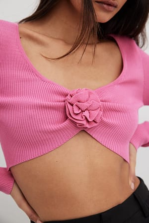Pink Fine Knitted Cropped Flower Detail Sweater