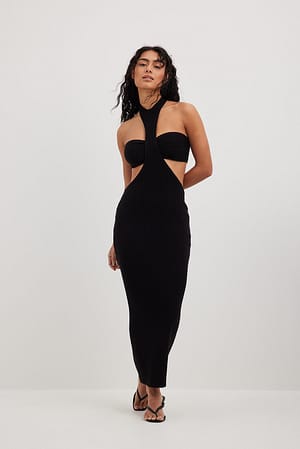 Black Fine Knitted Cut Out Detail Maxi Dress