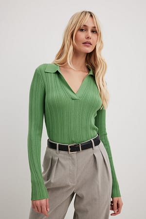 Green Fine Knitted Long Sleeved Collar Top