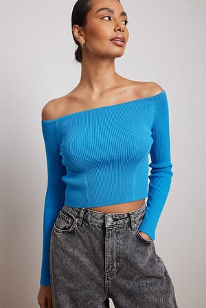 Blue Fine Knitted Off Shoulder Top