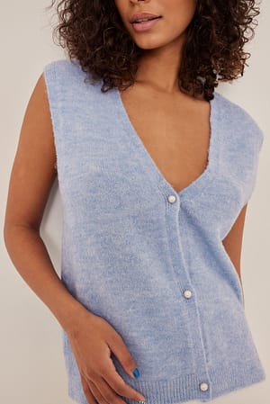 Light Blue Fine Knitted Pearl Button Vest