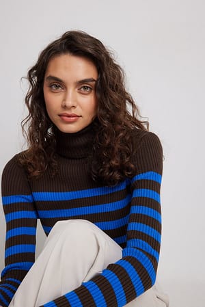 Brown/Blue Fine Knitted Striped Turtleneck Sweater