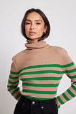 Beige/Green Fine Knitted Striped Turtleneck Sweater