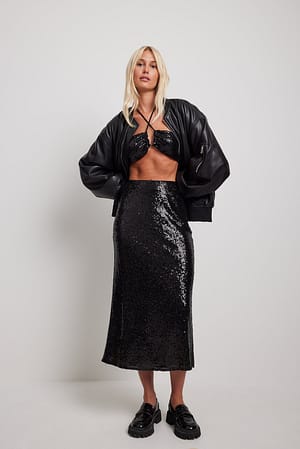 Black Fitted Midi Length Sequin Skirt