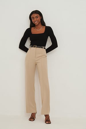 Beige Fitted Wide Leg Suit Pants