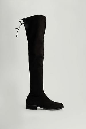 Black Lårhøye boots med flat hæl