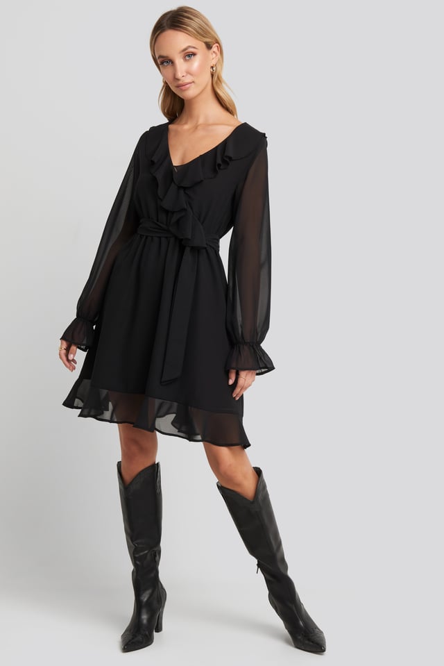 Flounce Chiffon Mini Dress Black
