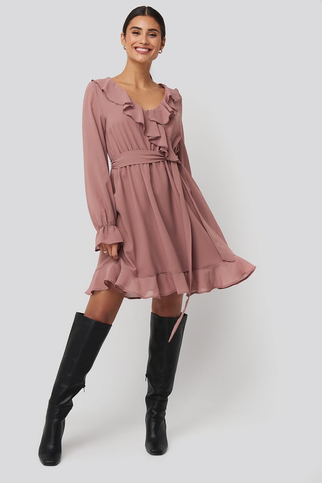 Flounce Chiffon Mini Dress Dusty Dark Pink