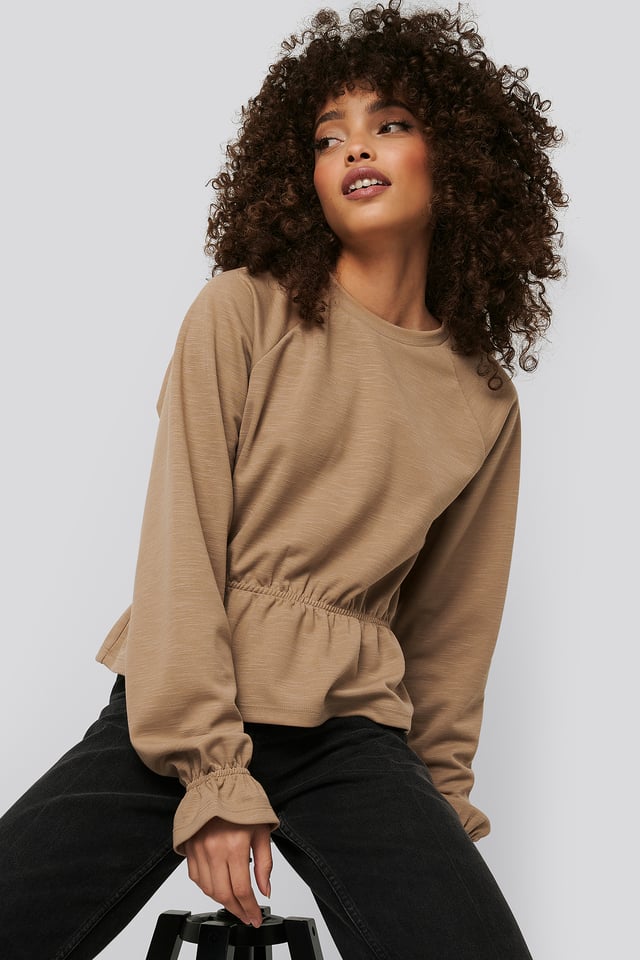Flounce Detail Jersey Top Beige