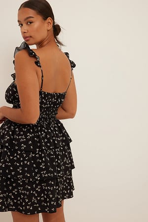 Black Floral Mini-jurk met volantdetail