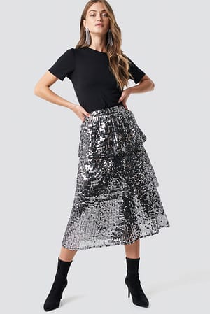 Silver Flounce Sequins Midi Skirt