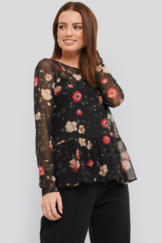 Flower Print Mesh Top Black Print