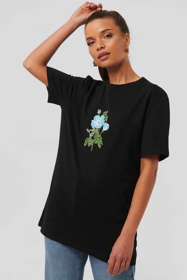 Flower Print Oversized Tee Black