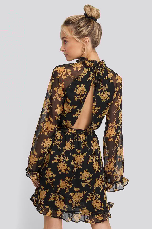 Flower Printed Open Back Mini Dress Black/Flower Print
