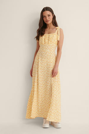 Yellow Print Schnürband Midi-Kleid
