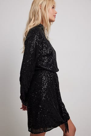 Black Flowy Belted Sequin Dress