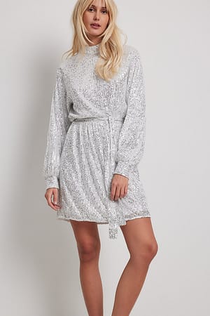 Silver NA-KD Party Flowy Belted Sequin Dress
