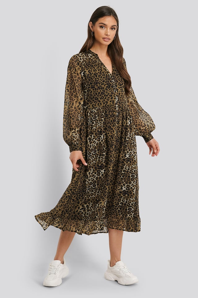 Flowy Midi Flounce Dress Leoprint