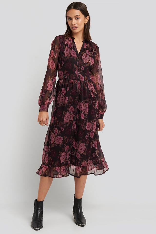 Flowy Midi Flounce Dress Brown/Pink Flowers