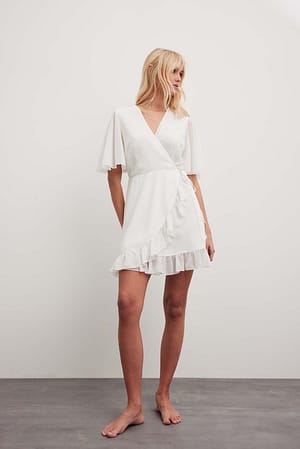 White Flowy Short Sleeve Overlap Mini Dress