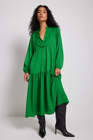 Green Flowy V-neck Midi Dress