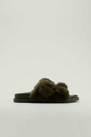 Olive Fluffy Buckle Sandals