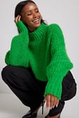 Green Fluffy Knitted Turtleneck Sweater