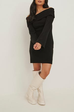 Black Folded Off Shoulder Knitted Dress
