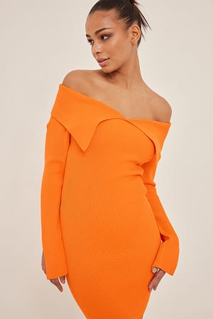 Folded Off Shoulder Knitted Mini Dress Orange | NA-KD