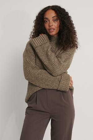 Brown NA-KD Folded Sleeve High Neck Knit Sweater