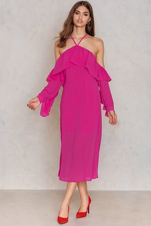 Strong pink Frill A-neck Midi Dress