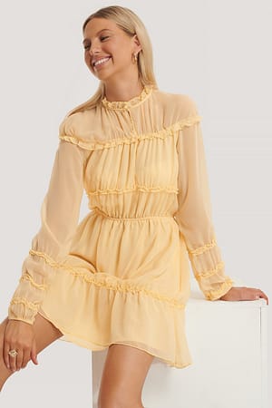 Light Yellow Frill Detail LS Mini Dress