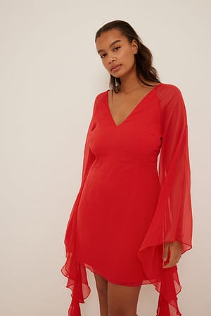 Red Frill Long Sleeve V-neck Mini Dress
