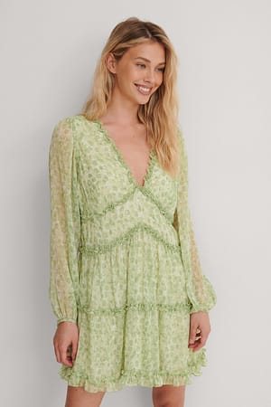 Watercolor Green Frill LS Mini Dress