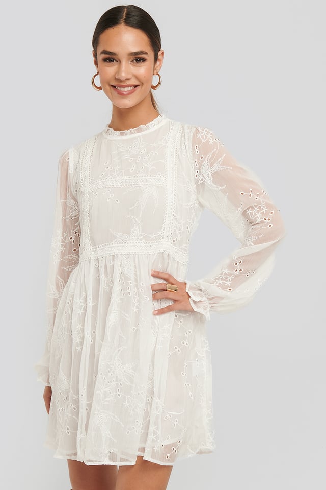 Frill Neck Embroidery Dress White