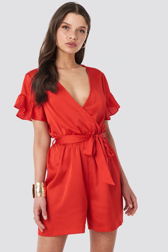 Frill Sleeve Playsuit Red