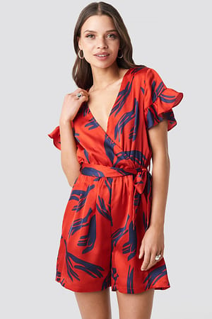 Red Print NA-KD Frill Sleeve Printed Playsuit