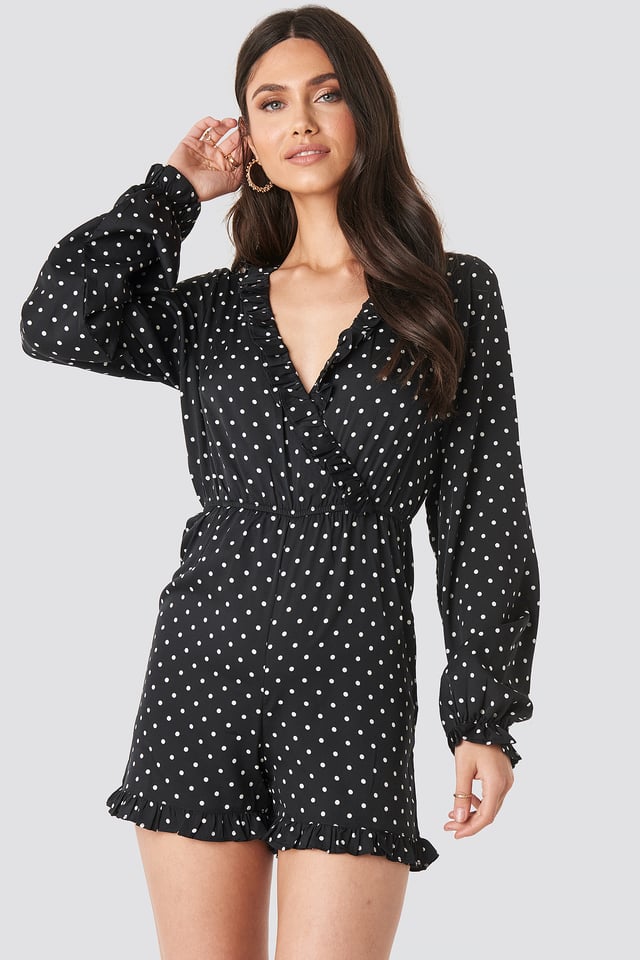 Frill Wrap Front Playsuit Black/White dots