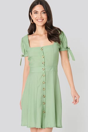 Green Front Button Knot Detailed Dress