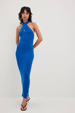Blue Front Cross Knitted Dress
