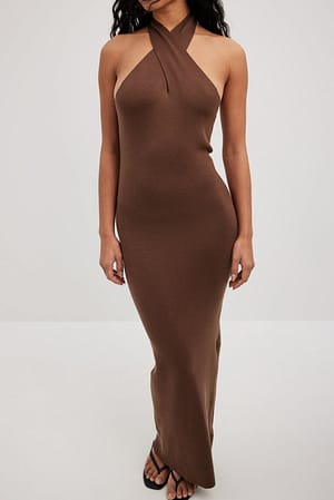 Brown Front Cross Knitted Dress