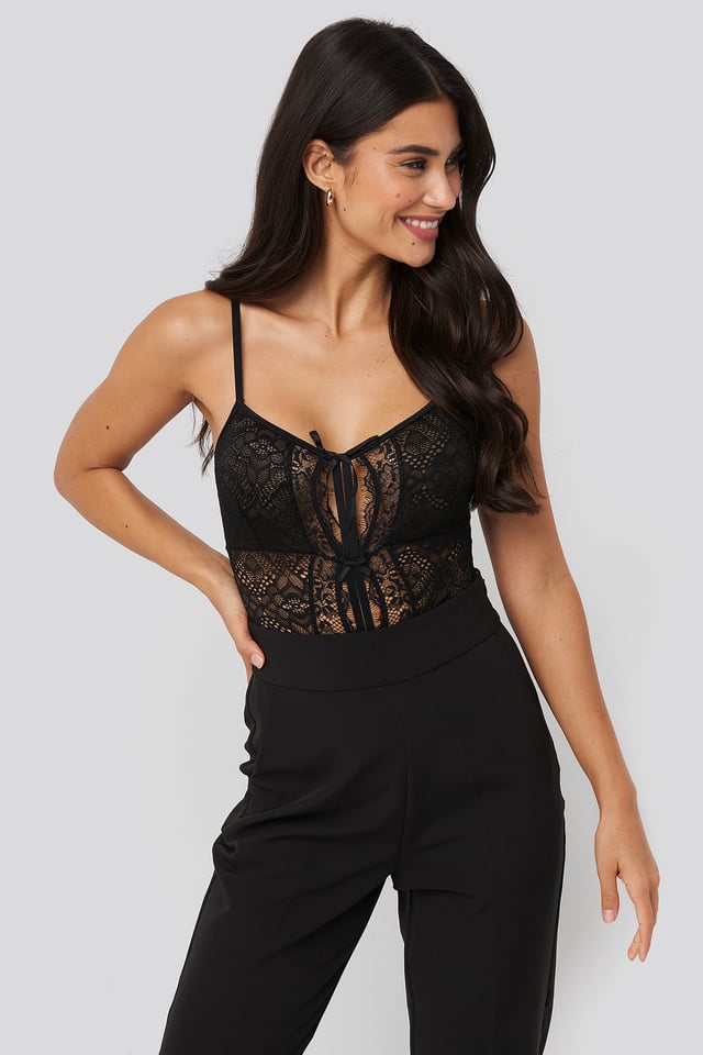 Front Detail Lace Bodysuit Black