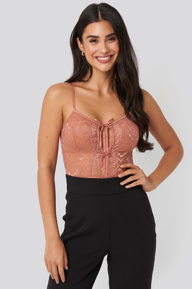 Front Detail Lace Bodysuit Pink Umber