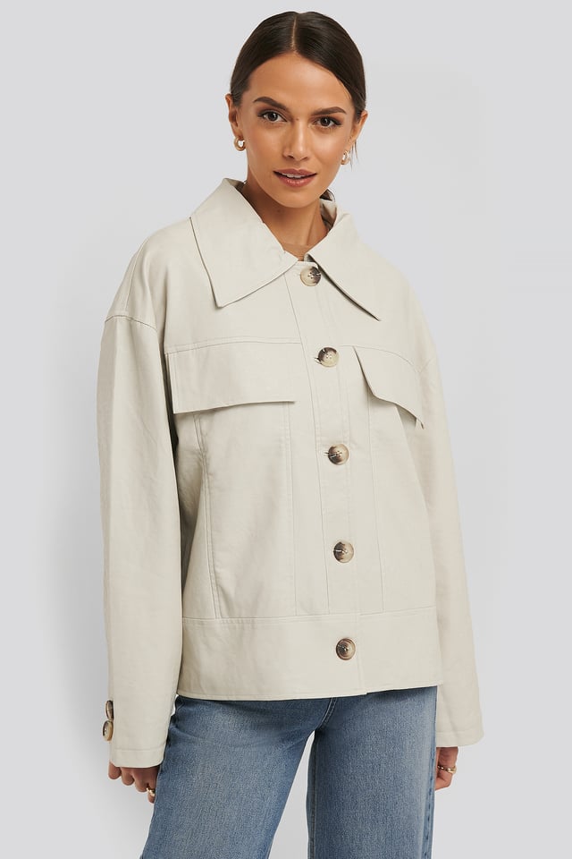 Front Pocket Pu Jacket Offwhite