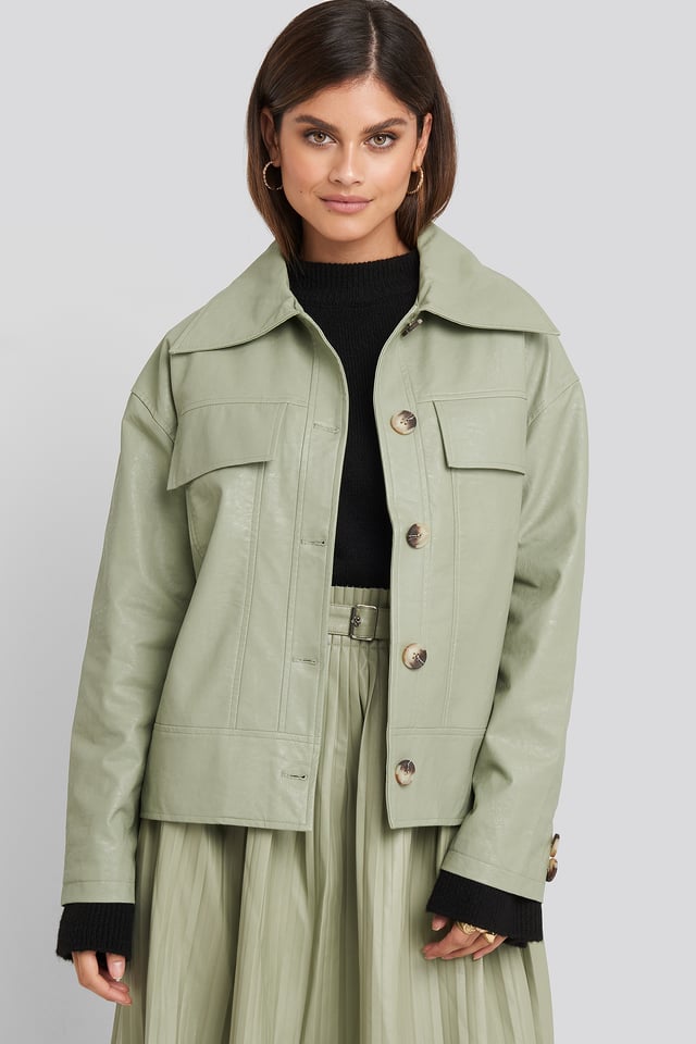 Front Pocket Pu Jacket Pastel Green