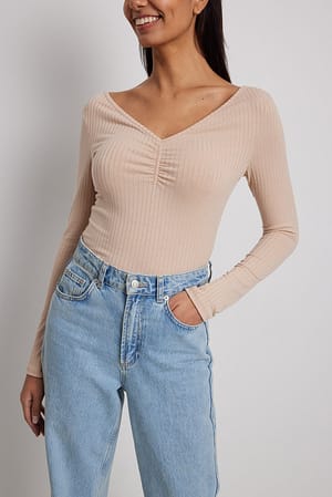 Beige Front Rouched Ribbed Top