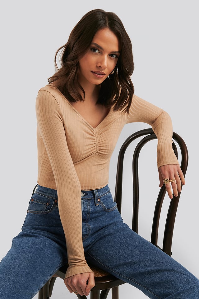 Front Ruched Ribbed Top Light Beige