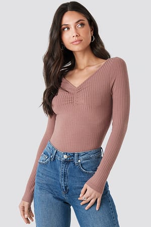 Dusty Dark Pink Front Ruched Ribbed Top